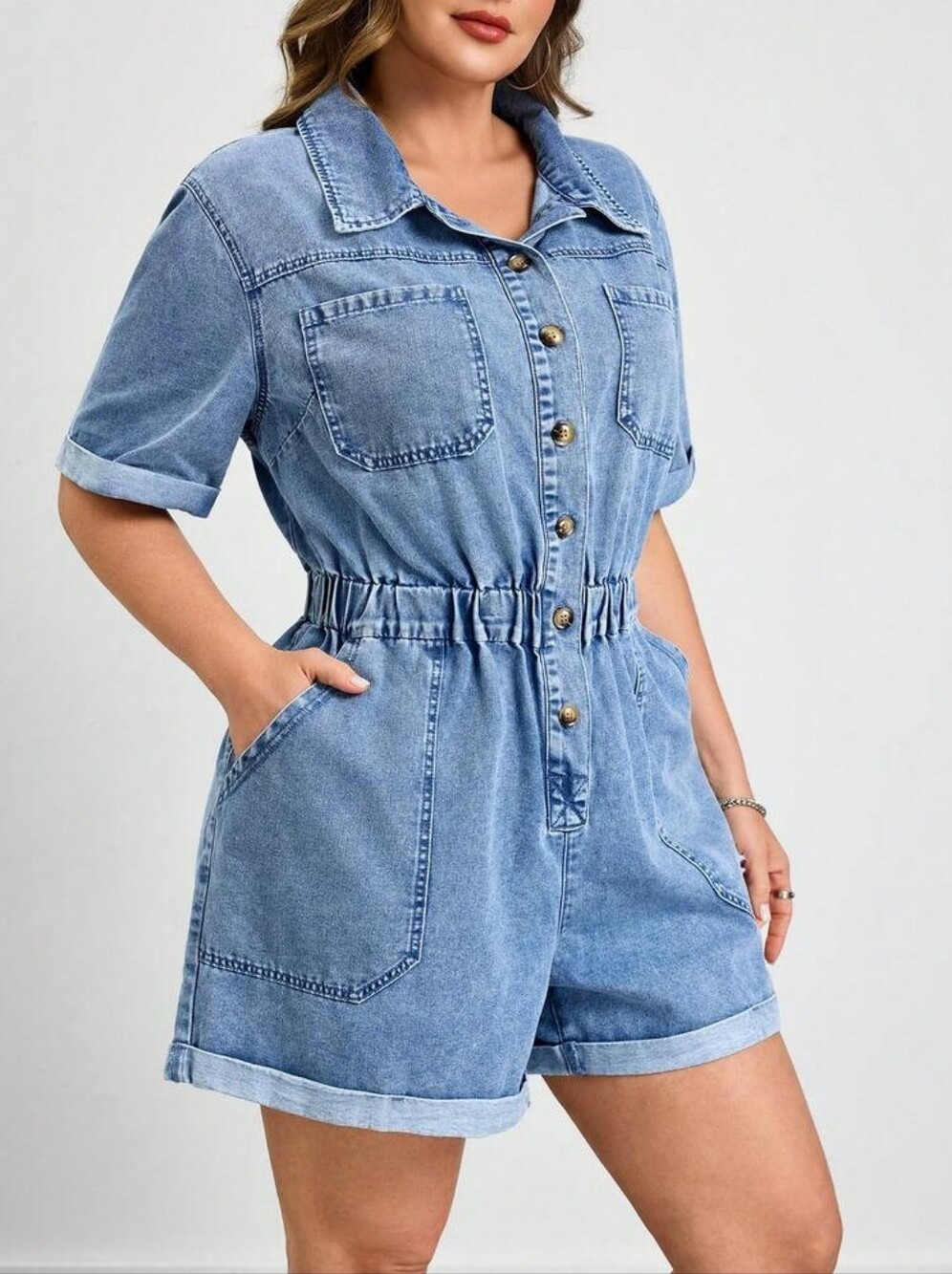 Light Blue Denim Utility Shorts Romper with Elastic Waist
